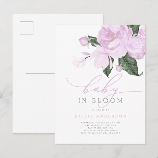 Lila Floral Baby in Bloom Girl Shower Uitnodiging Briefkaart (Voorkant / Achterkant)