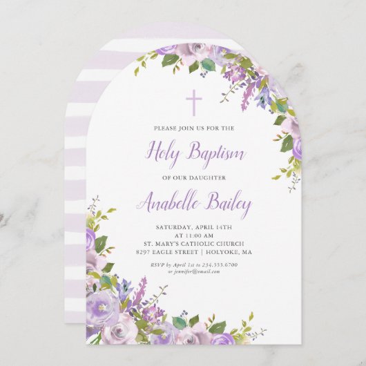 Lila Floral Baby Meisje Dopen Uitnodiging (Voorkant / Achterkant)