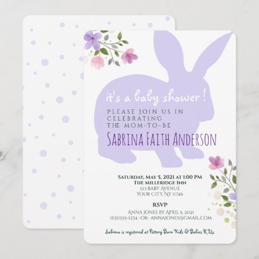 Lila Floral Bunny Baby shower Uitnodiging (Voorkant / Achterkant)