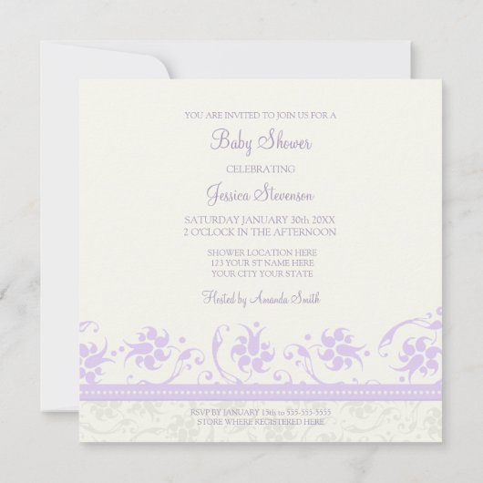 Lila, Floral Custom Baby Shower-uitnodigingen Kaart (Achterkant)