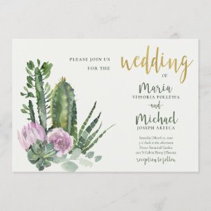 LILA FLORAL DESERT CACTI FAUNA WATERVERF WEDING KAART