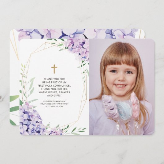 Lila Floral Geometric Fotocommunie Dank u Bedankkaart (Voorkant / Achterkant)