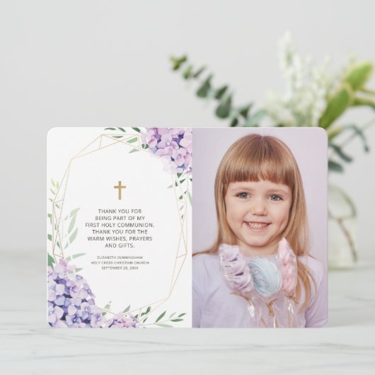 Lila Floral Geometric Fotocommunie Dank u Bedankkaart (Staand voorkant)