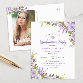 Lila Floral Graduation Party Invitation Briefkaart