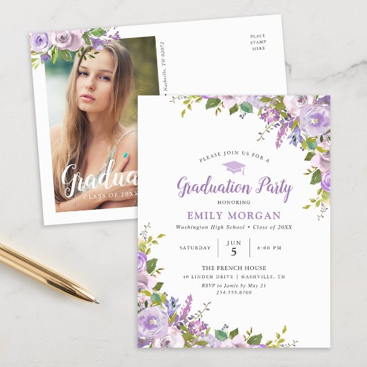 Lila Floral Graduation Party Invitation Briefkaart