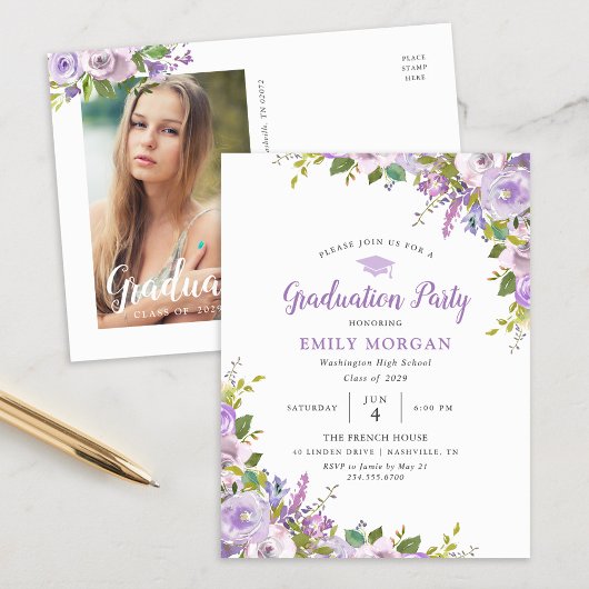 Lila Floral Graduation Party Invitation Briefkaart