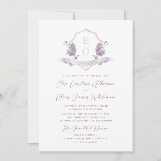 Lila Floral Monogram Crest Bruiloft Kaart (Voorkant)