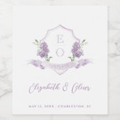 Lila Floral Monogram Crest Bruiloft Wijn Etiket (Enkel label)