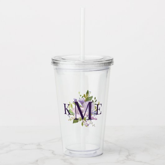 Lila Floral Monogrammed Acryl Drinkbeker (Voorkant)