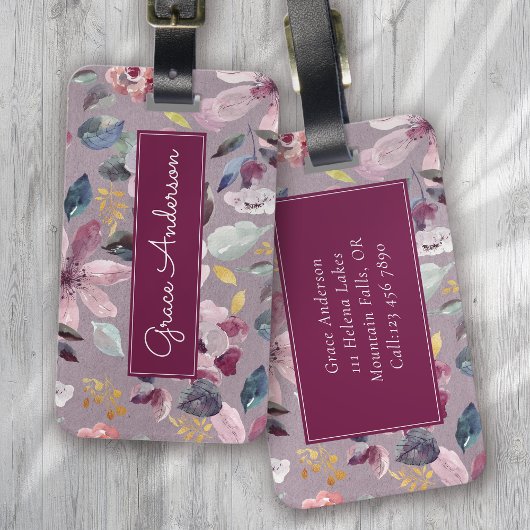 Lila Floral Pattern Gold Foil Monogram Bagagelabel