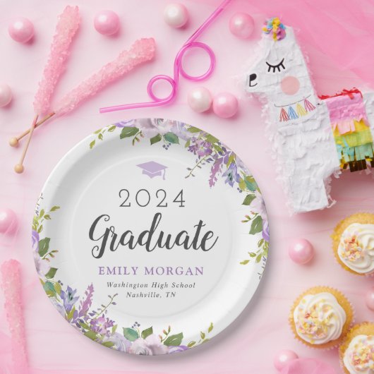 Lila Floral Persoonlijke Graduation Party Papieren Bordje (Feest)