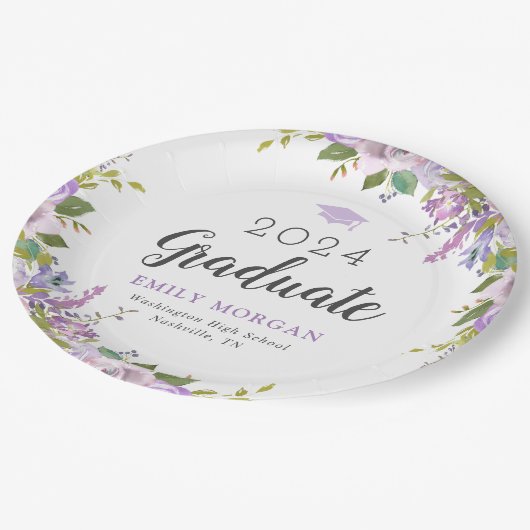 Lila Floral Persoonlijke Graduation Party Papieren Bordje (Gekanteld)