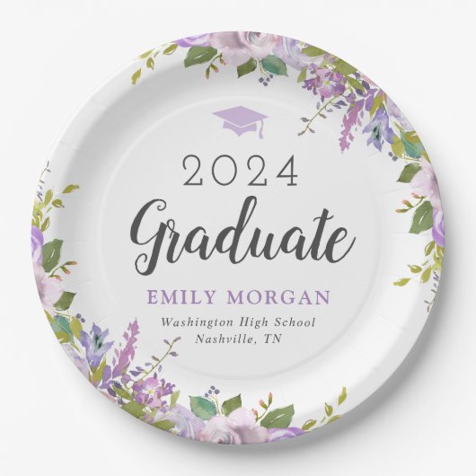 Lila Floral Persoonlijke Graduation Party Papieren Bordje (Voorkant)