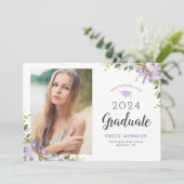 Lila Floral Photo Afstuderen Aankondiging (Staand voorkant)