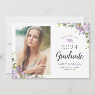 Lila Floral Photo Afstuderen Aankondiging