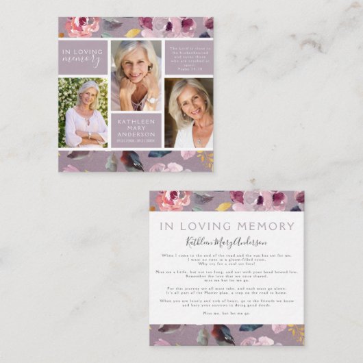 Lila Floral Photo Collage Funeral Memorial Kaart Vierkante Visitekaartje (Voorkant / Achterkant)