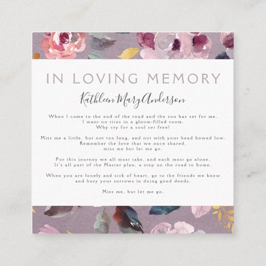 Lila Floral Photo Collage Funeral Memorial Kaart Vierkante Visitekaartje (Achterkant)