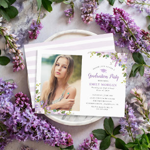 Lila Floral Photo Graduy Party Uitnodiging