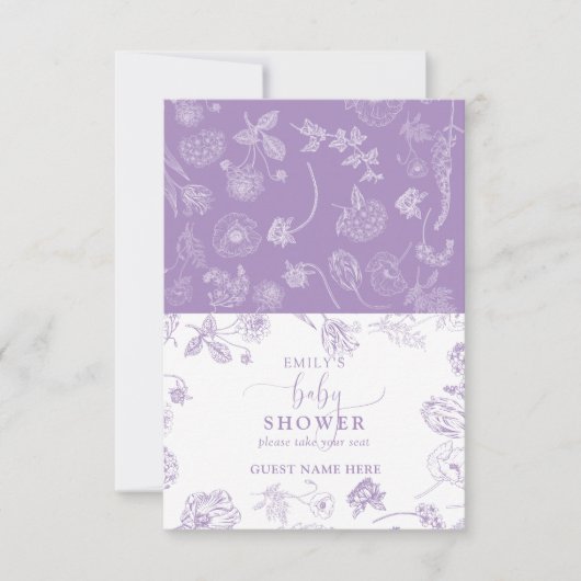  Lila Floral Script Baby shower Place Card RSVP Kaartje (Voorkant)