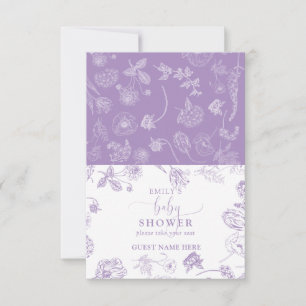  Lila Floral Script Baby shower Place Card RSVP Kaartje