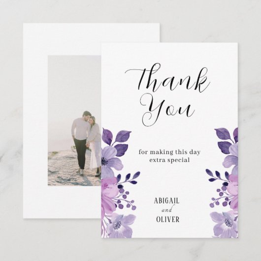 Lila Floral Wedding Bedankkaart (Voorkant / Achterkant)