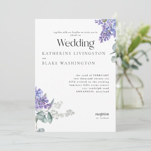 Lila Floral Wedding Kaart (Staand voorkant)