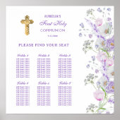 Lila Flowers Eerste Communie Zitplaatskaart Poster (Voorkant)