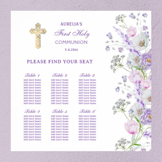 Lila Flowers Eerste Communie Zitplaatskaart Poster