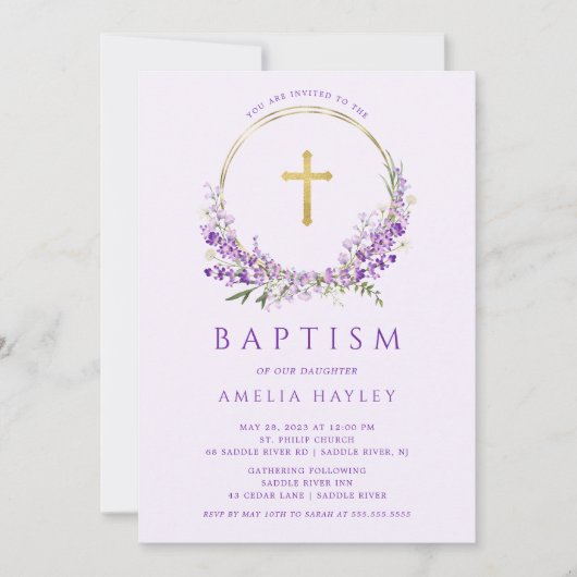 Lila Flowers Girls First Baptisme Kaart (Voorkant)