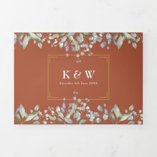 Lila Foliage Terracotta Monogram Foto Weduwschap Drieluik Uitnodiging (Cover)