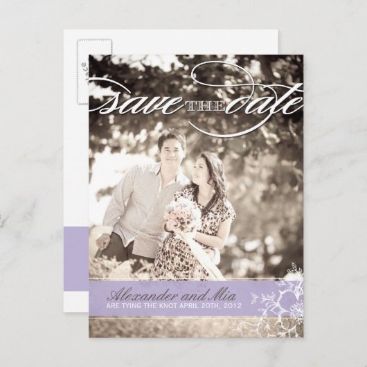  Lila foto De datum opslaan Aankondigingskaart (Voorkant / Achterkant)