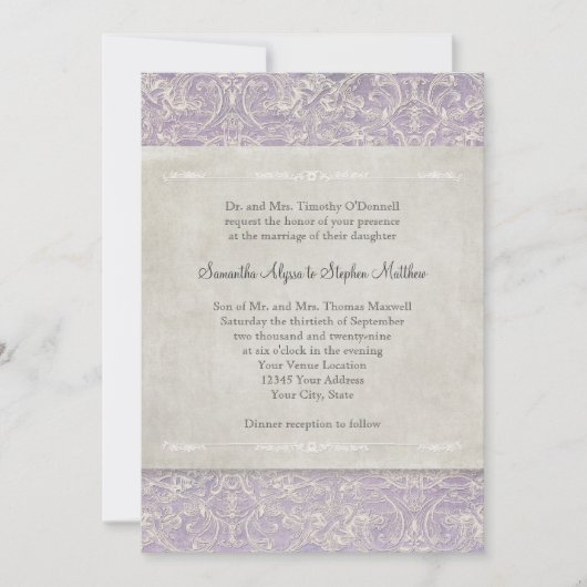 Lila Frans Regency Lace Etched Wedding Kaart (Voorkant)