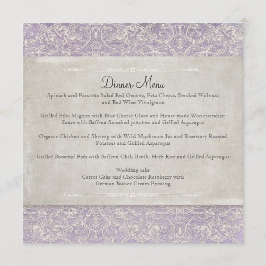 Lila  Frans Regency Lace Etched Wedding Menu (Voorkant)