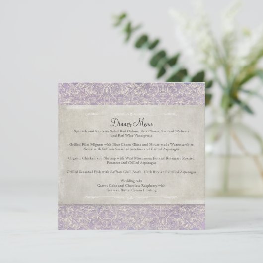 Lila  Frans Regency Lace Etched Wedding Menu (Staand voorkant)