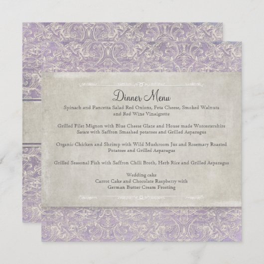Lila  Frans Regency Lace Etched Wedding Menu (Voorkant / Achterkant)