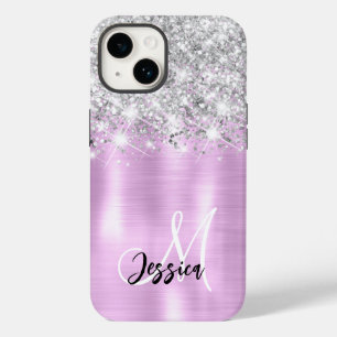Lila geborsteld metaal zilver glitter monogram Case-Mate iPhone 14 hoesje