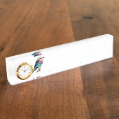 Lila gebrande rolvogel naambordje (Zijkant)