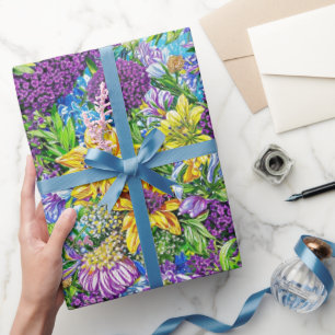 Lila Geel Blauw Groene Tuinbloemen Patroon Cadeaupapier