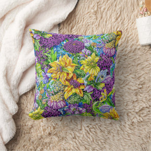 Lila Geel Blauw Groene Tuinbloemen Patroon Kussen