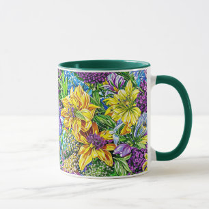Lila Geel Blauw Groene Tuinbloemen Patroon Mok
