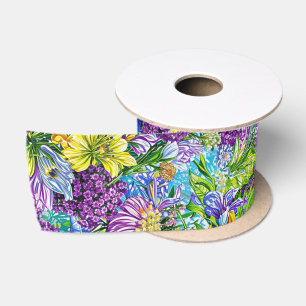 Lila Geel Blauw Groene Tuinbloemen Patroon Satijnen Lint