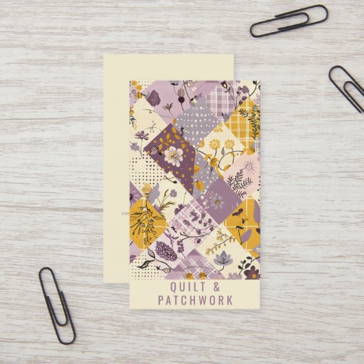 Lila Gele Quilt Patchwork Handgemaakte Kleding  Visitekaartje (Voorkant / Achterkant in situ)