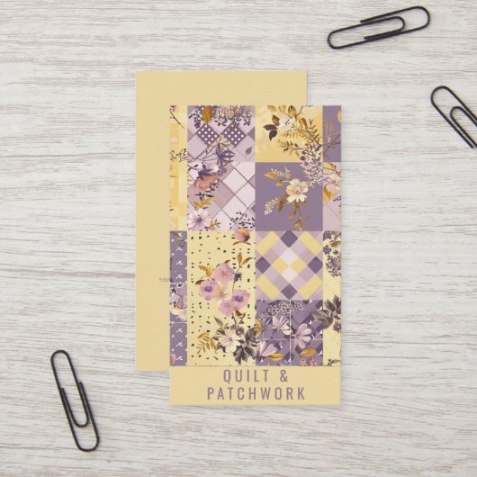 Lila Gele Quilt Patchwork Handgemaakte Kleding Visitekaartje (Voorkant / Achterkant in situ)