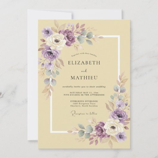 Lila Gele Ranunculus Zachte Eucalyptus Bruiloft Kaart (Voorkant)