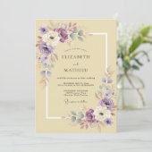 Lila Gele Ranunculus Zachte Eucalyptus Bruiloft Kaart (Staand voorkant)