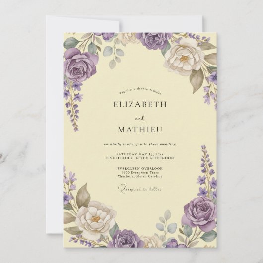 Lila Gele Wilde Bloemen Bruiloft Kaart (Voorkant)