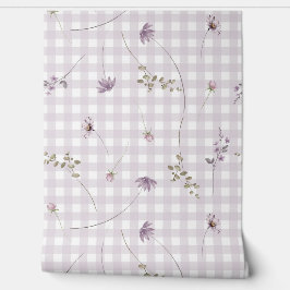 Lila geruite bloemen behang