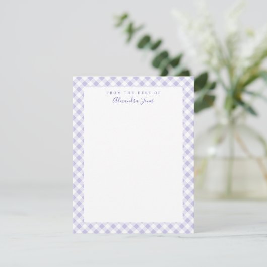 Lila Gingham Check Personal Stationery Note Kaart (Staand voorkant)