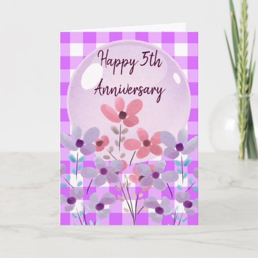 Lila Gingham Floral 5e bruiloft Jubileum Gift Kaart (Voorkant)