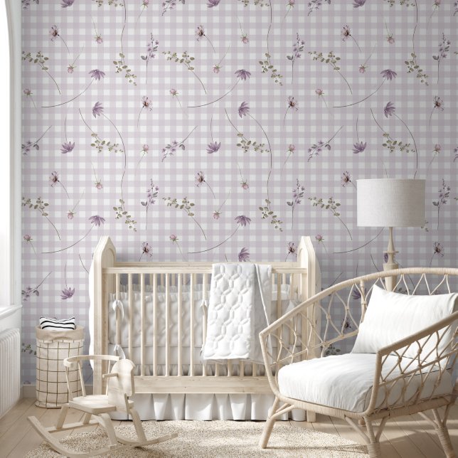 Lila gingham floral behang (Kinderen)